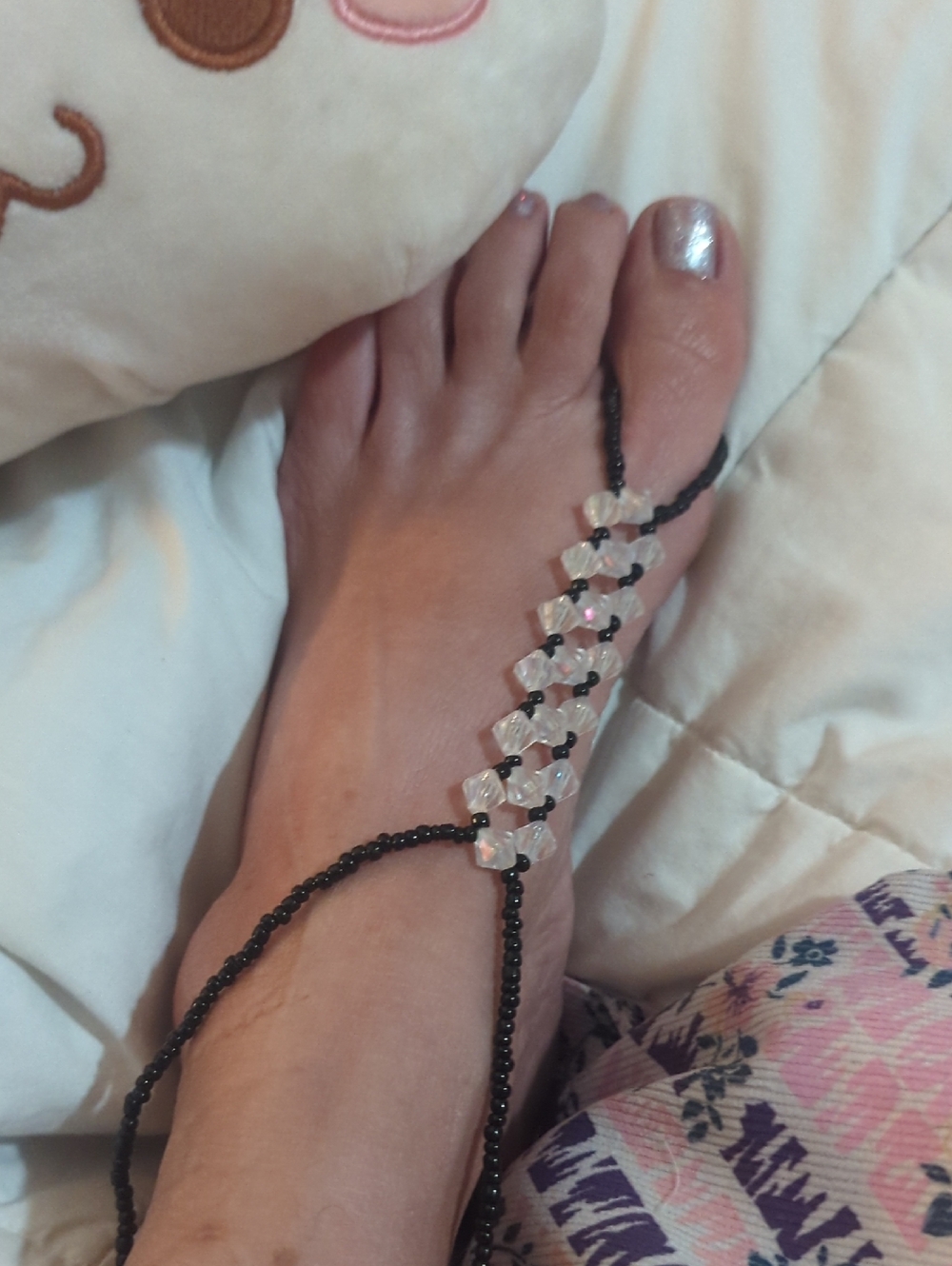 Beaded Barefoot Sandal - Black & Clear Crystal Accent